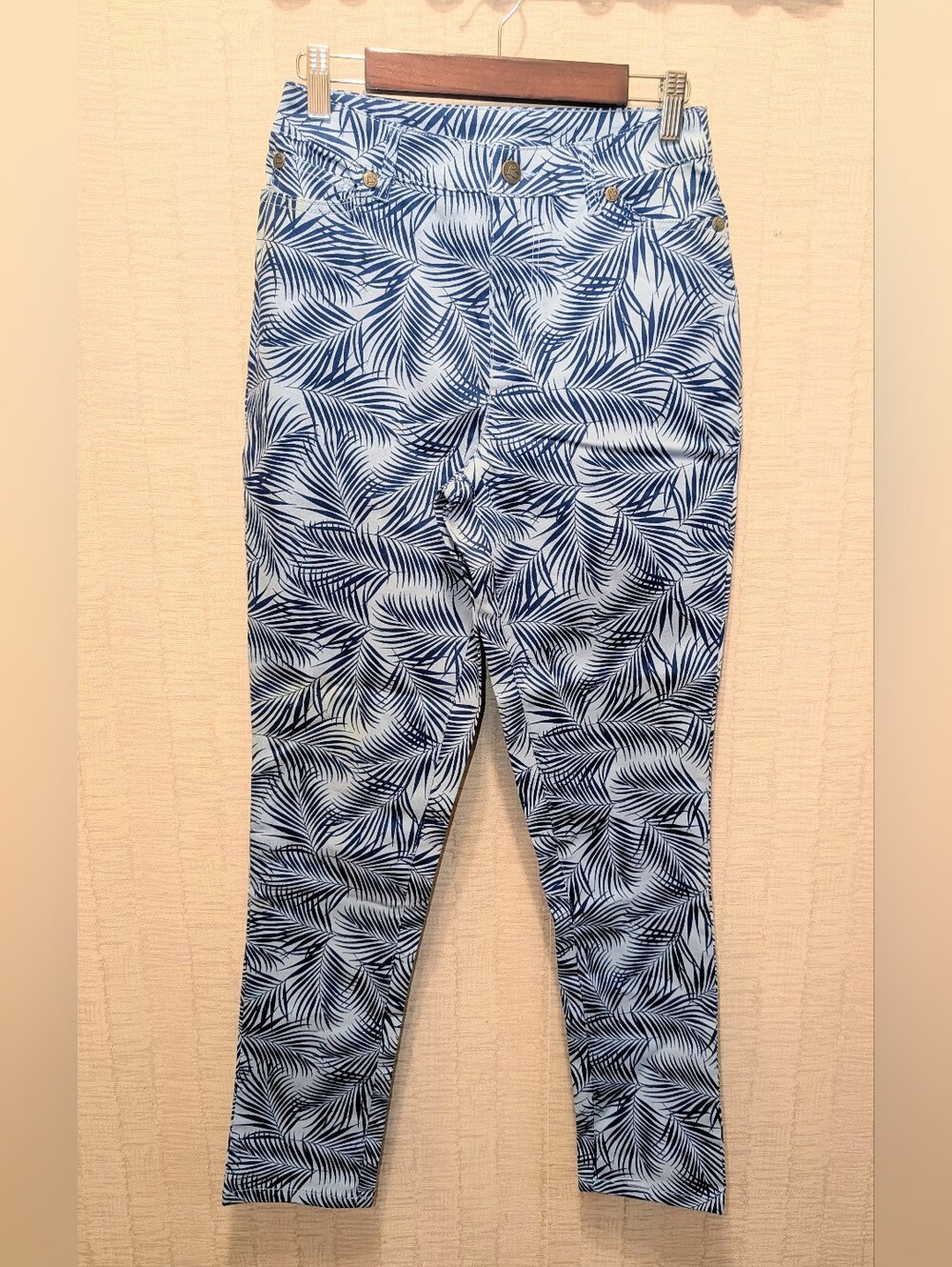 Colleen Lopez Blue Leaf-Print Skinny Jeans Blue Palm Leaf Size 2